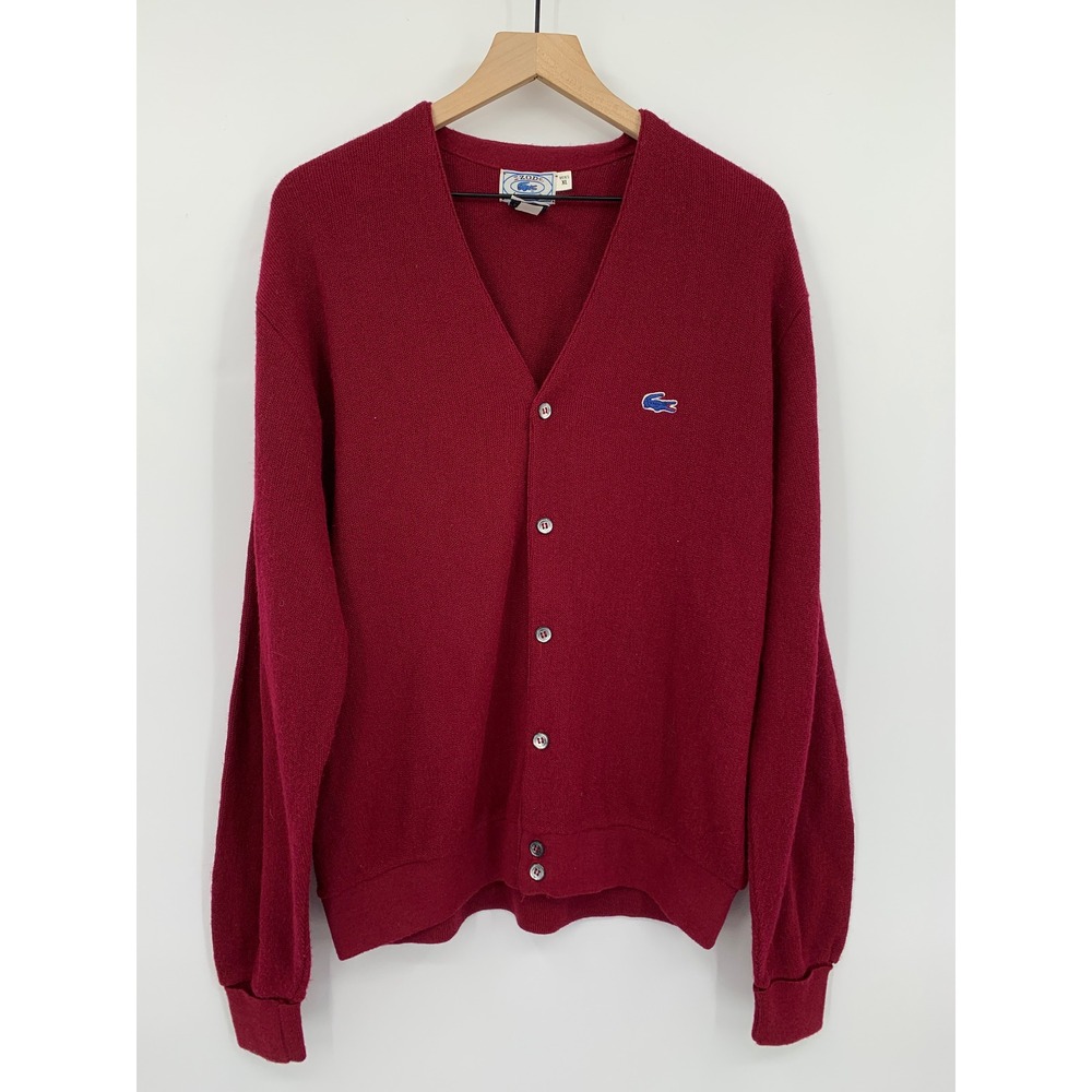 Vintage Izod Lacoste Sweater Mens XL Red Burgandy Cardigan Acrylic V-Neck